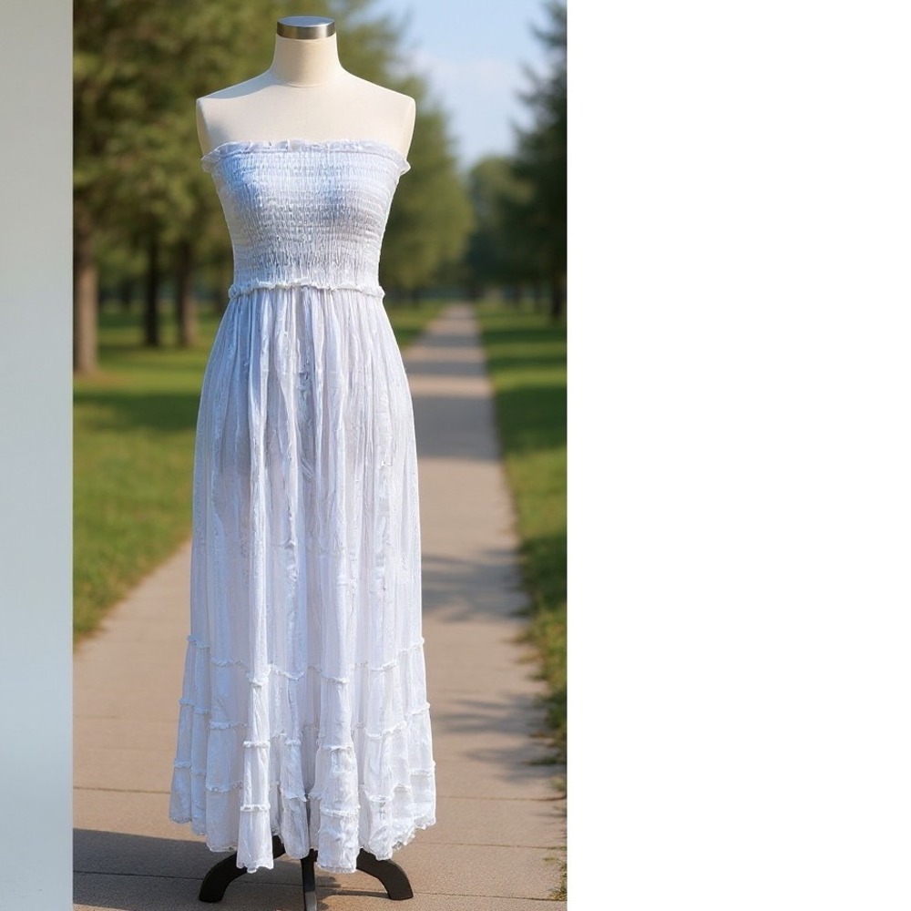 PilyQ White Sequin Smocked Strapless Maxi Dress Resort Boho XS/S - Picture 7 of 10